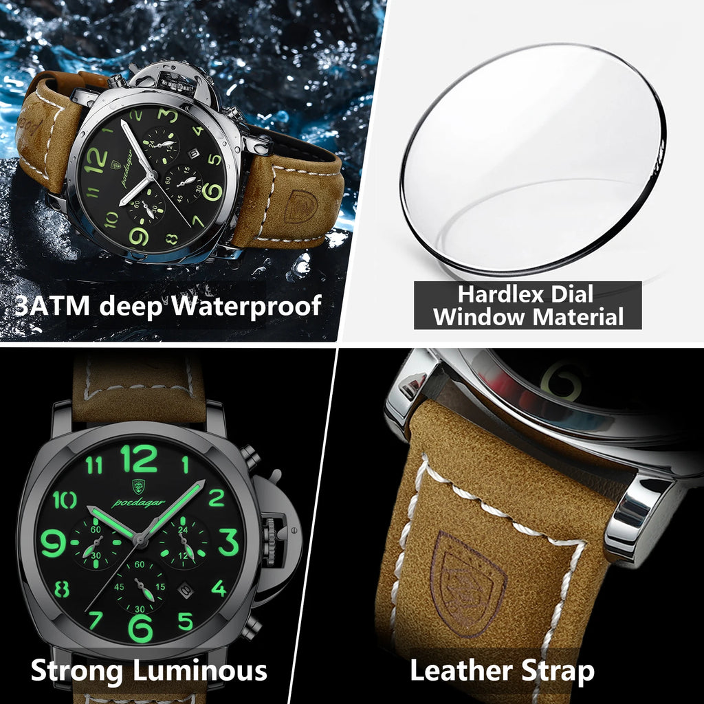 Cronógrafo Militar con Correa de Cuero — Reloj de Cuarzo para Hombre | POEDAGAR
