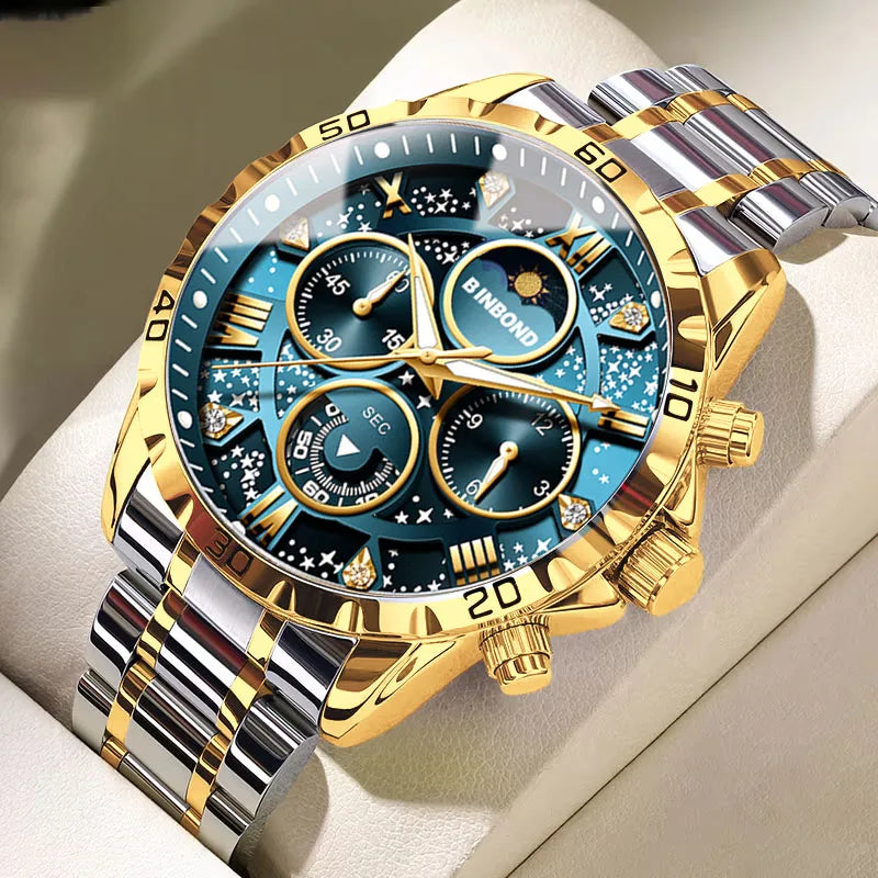 Fase Lunar y Esfera Multifunción — Reloj de Cuarzo para Hombre | BINBOND 7741