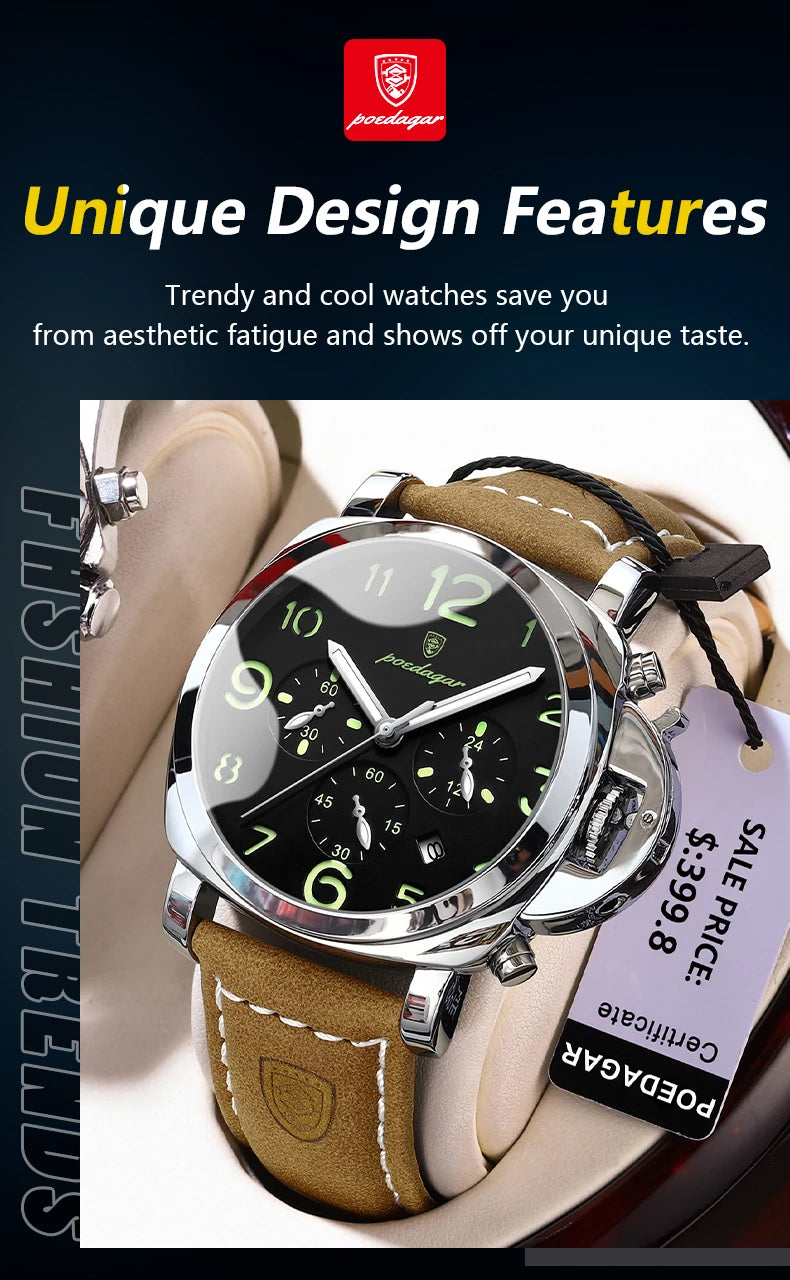 Cronógrafo Militar con Correa de Cuero — Reloj de Cuarzo para Hombre | POEDAGAR