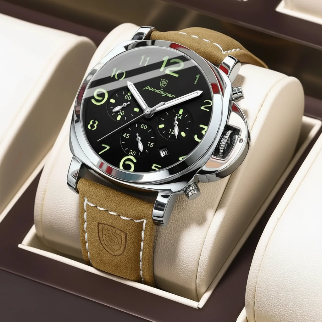 Cronógrafo Militar con Correa de Cuero — Reloj de Cuarzo para Hombre | POEDAGAR