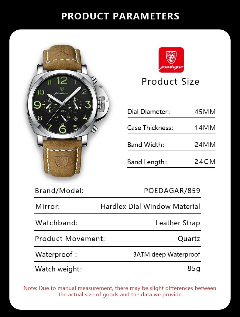 Cronógrafo Militar con Correa de Cuero — Reloj de Cuarzo para Hombre | POEDAGAR