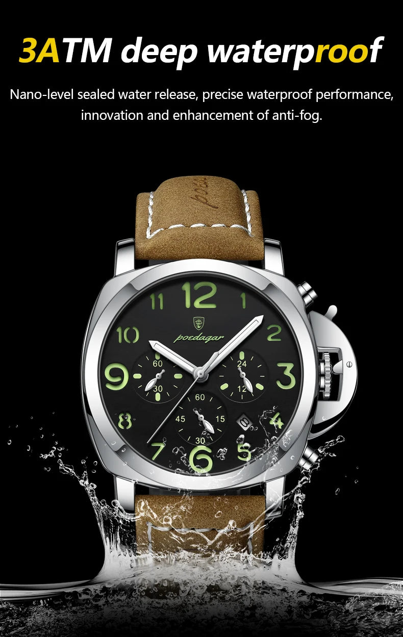 Cronógrafo Militar con Correa de Cuero — Reloj de Cuarzo para Hombre | POEDAGAR