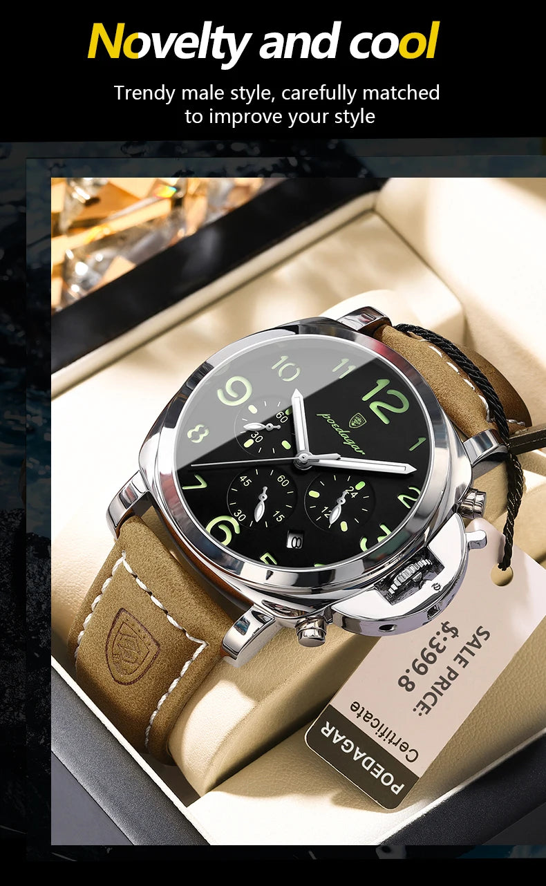 Cronógrafo Militar con Correa de Cuero — Reloj de Cuarzo para Hombre | POEDAGAR