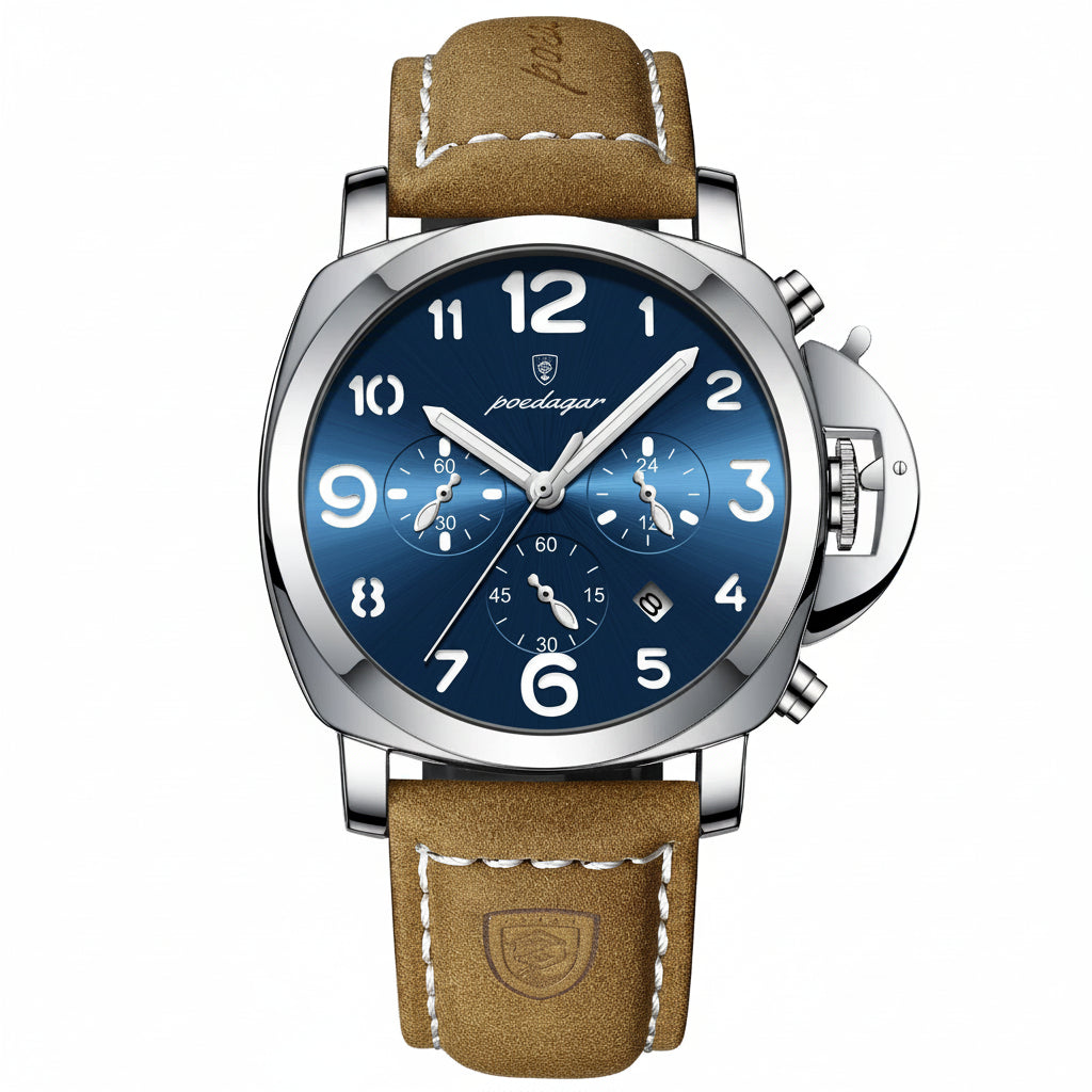 Cronógrafo Militar con Correa de Cuero — Reloj de Cuarzo para Hombre | POEDAGAR
