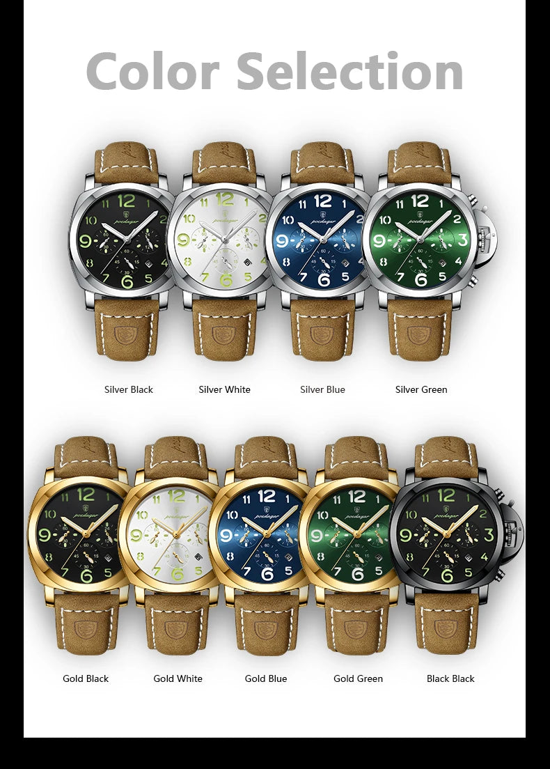 Cronógrafo Militar con Correa de Cuero — Reloj de Cuarzo para Hombre | POEDAGAR