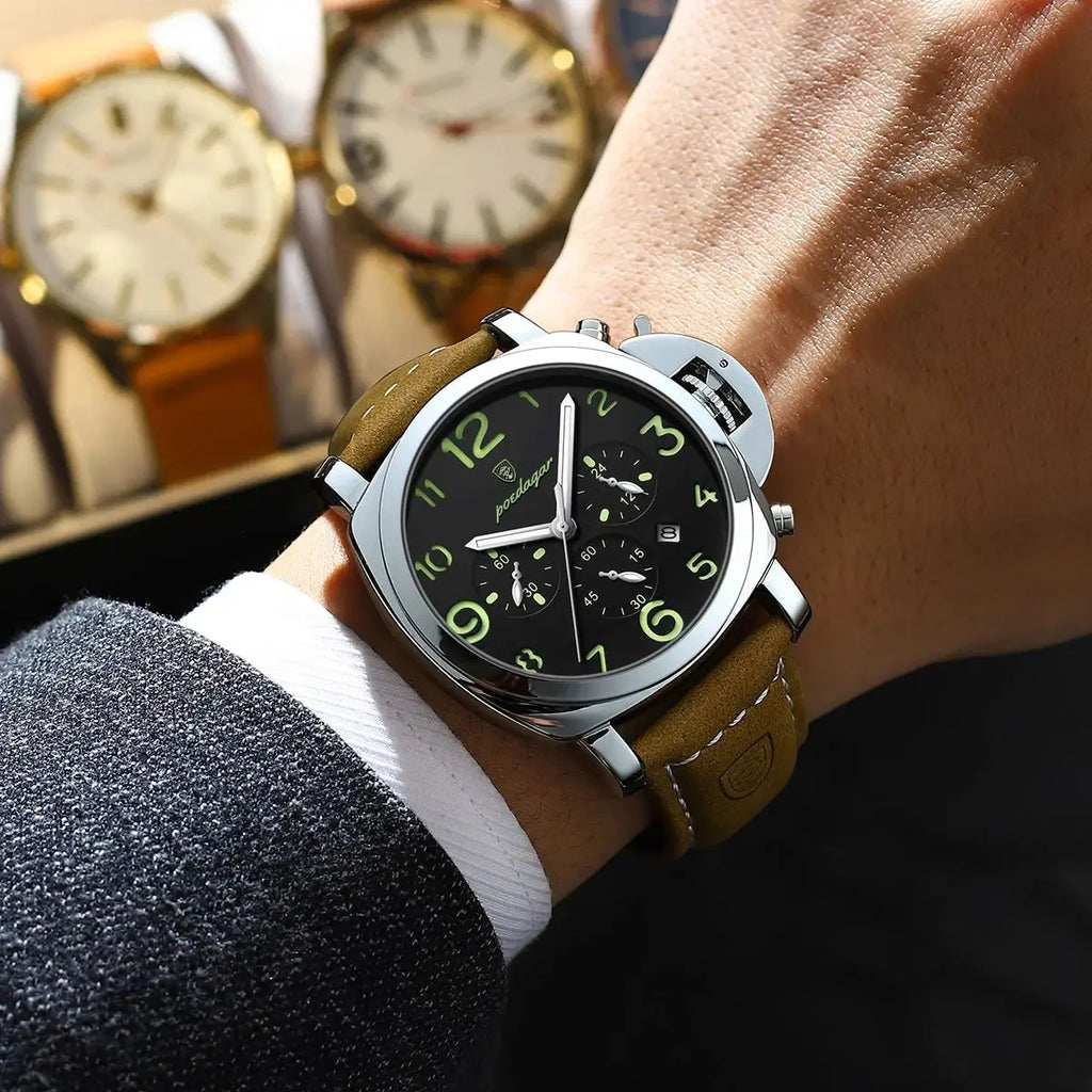 Cronógrafo Militar con Correa de Cuero — Reloj de Cuarzo para Hombre | POEDAGAR