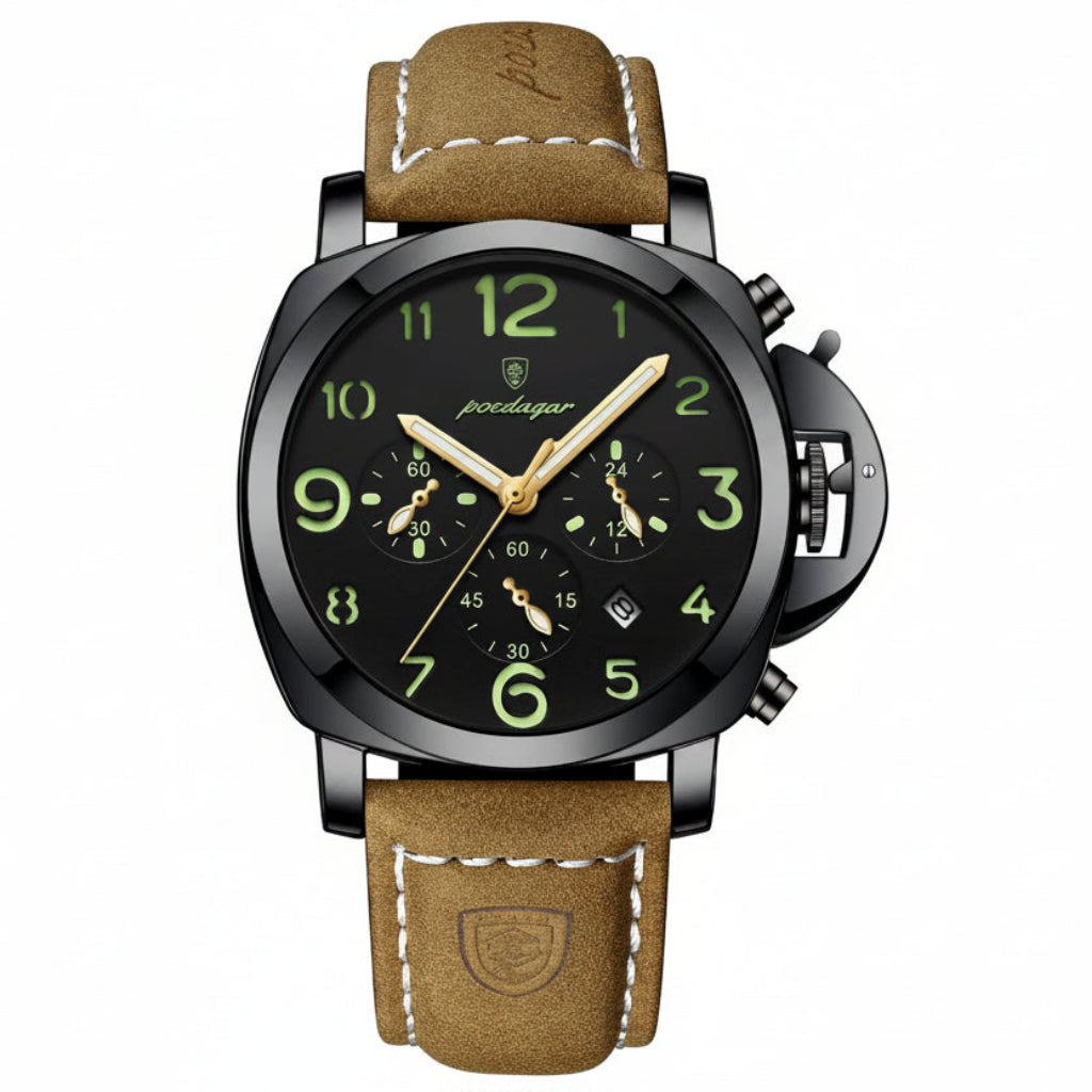 Cronógrafo Militar con Correa de Cuero — Reloj de Cuarzo para Hombre | POEDAGAR