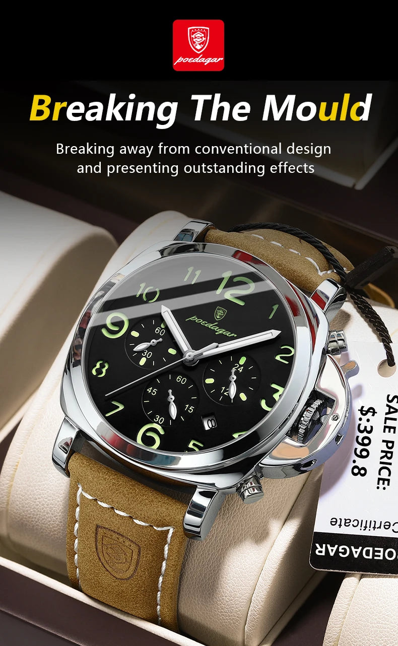 Cronógrafo Militar con Correa de Cuero — Reloj de Cuarzo para Hombre | POEDAGAR