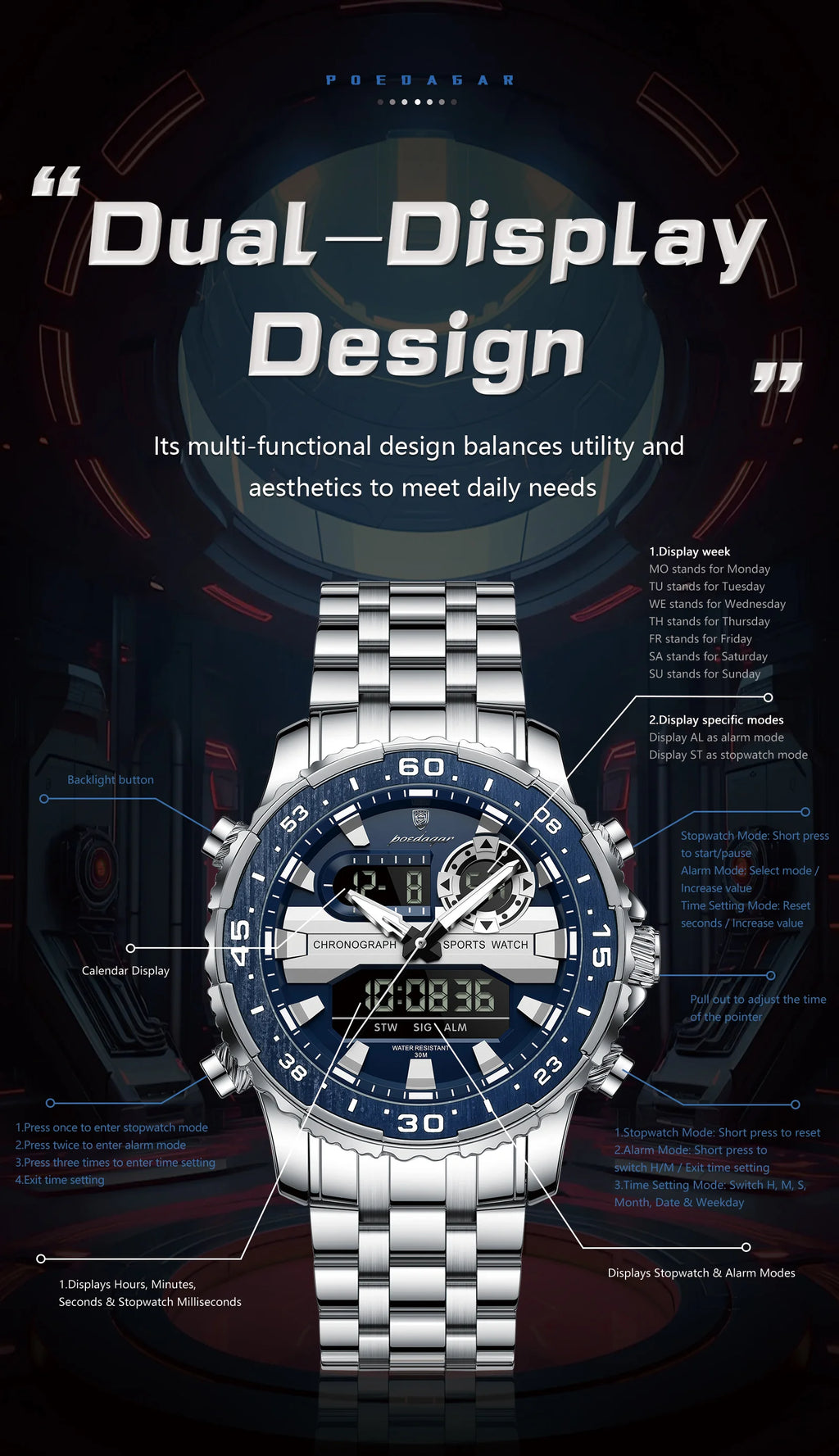 Analógico-Digital Dual Time — Reloj de Cuarzo para Hombre | POEDAGAR