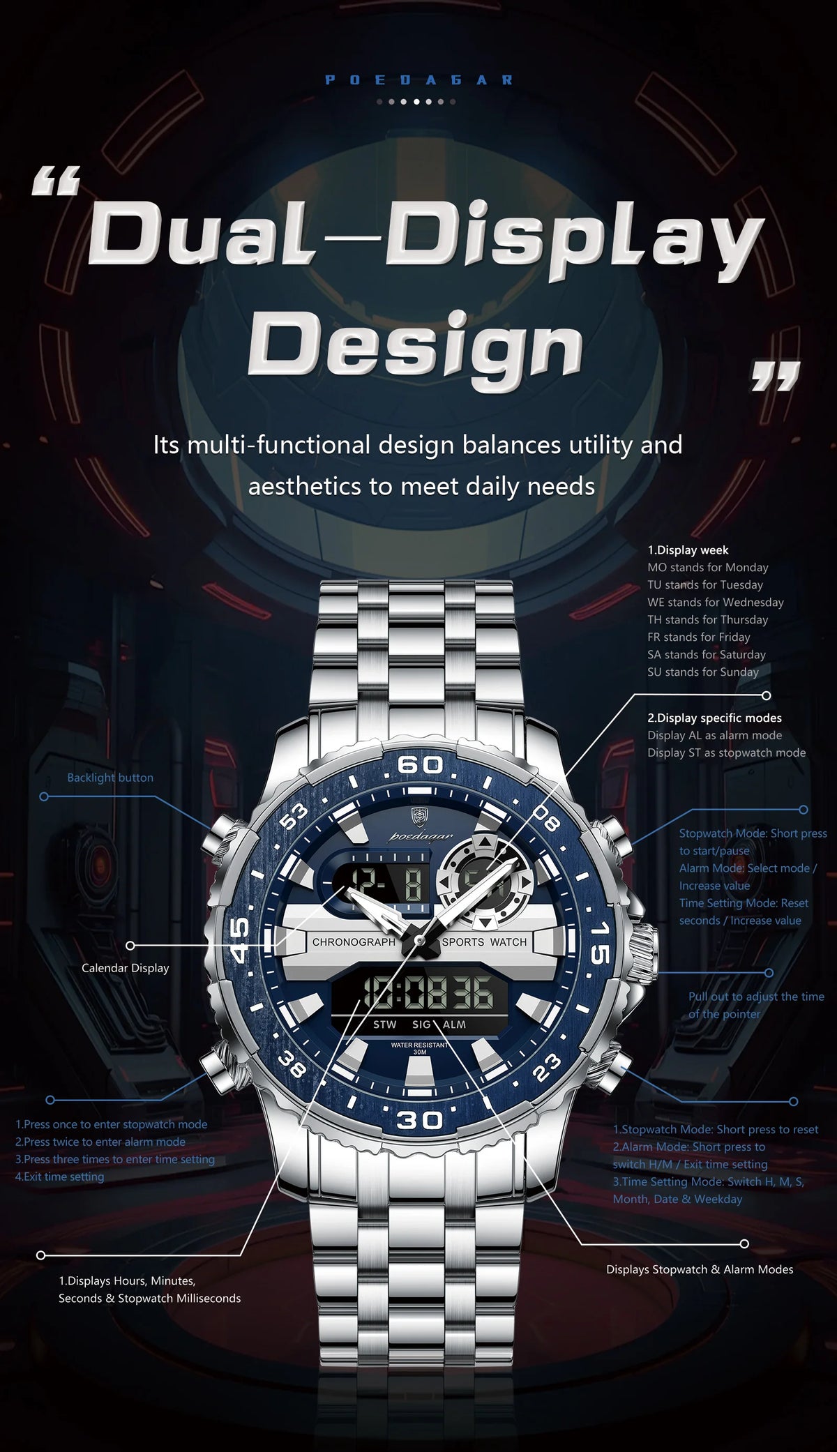 Analógico-Digital Dual Time — Reloj de Cuarzo para Hombre | POEDAGAR