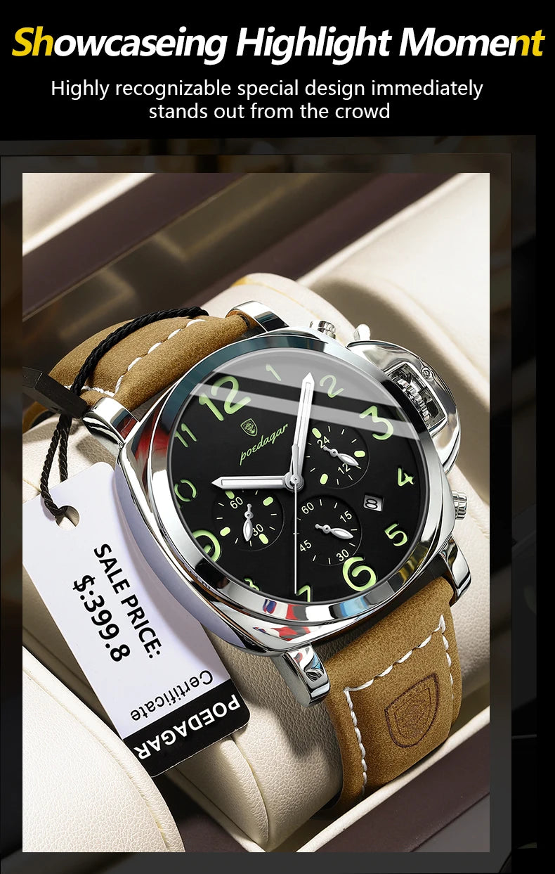 Cronógrafo Militar con Correa de Cuero — Reloj de Cuarzo para Hombre | POEDAGAR