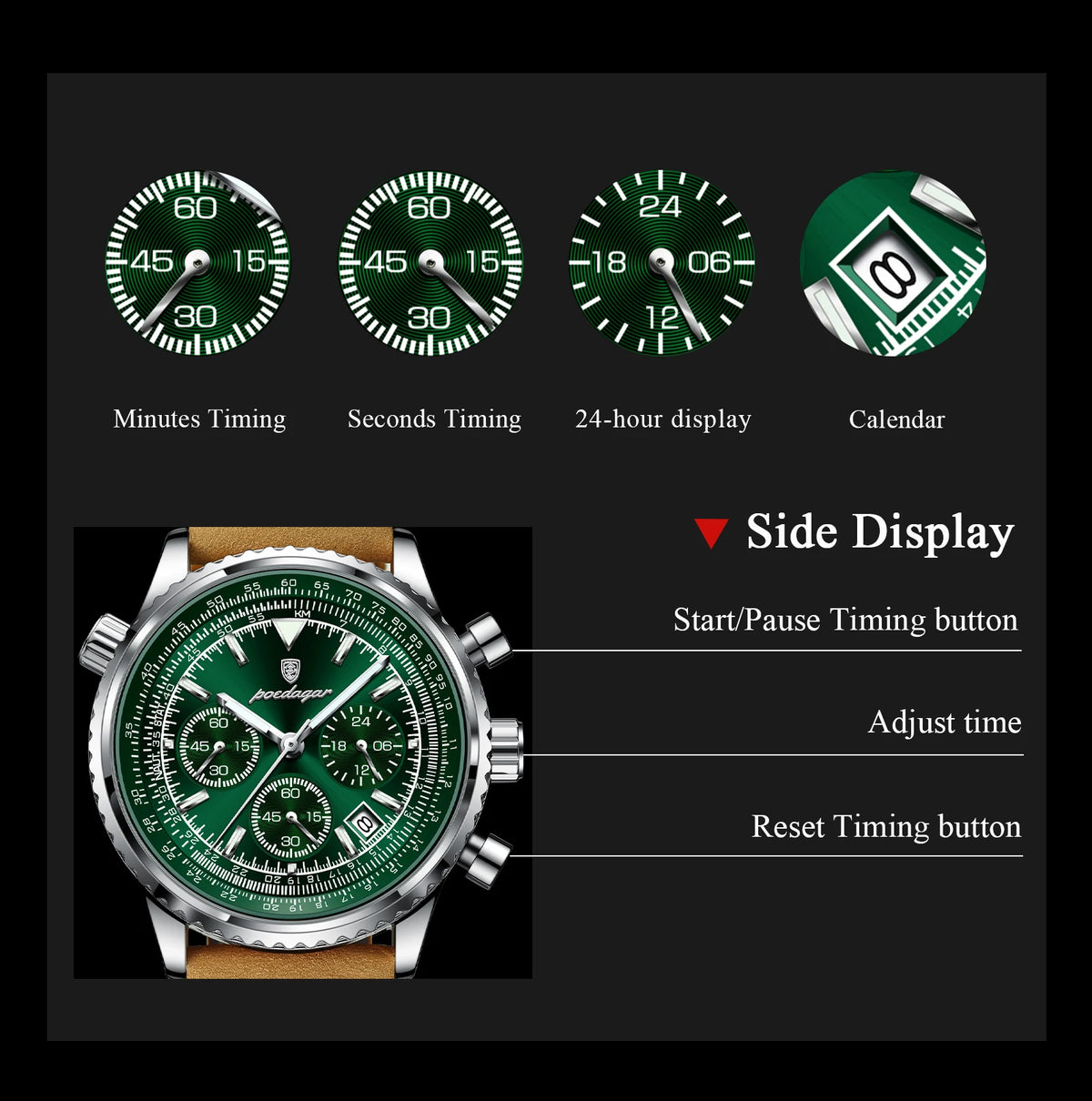 Cronógrafo Deportivo con Cuero — Reloj de Cuarzo para Hombre | POEDAGAR