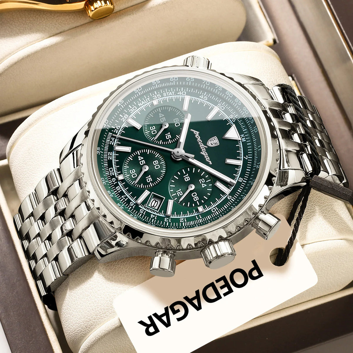 Cronógrafo de Acero con Fecha — Reloj de Cuarzo para Hombre | POEDAGAR 960-GN