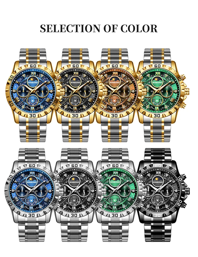 Fase Lunar y Esfera Multifunción — Reloj de Cuarzo para Hombre | BINBOND 7741