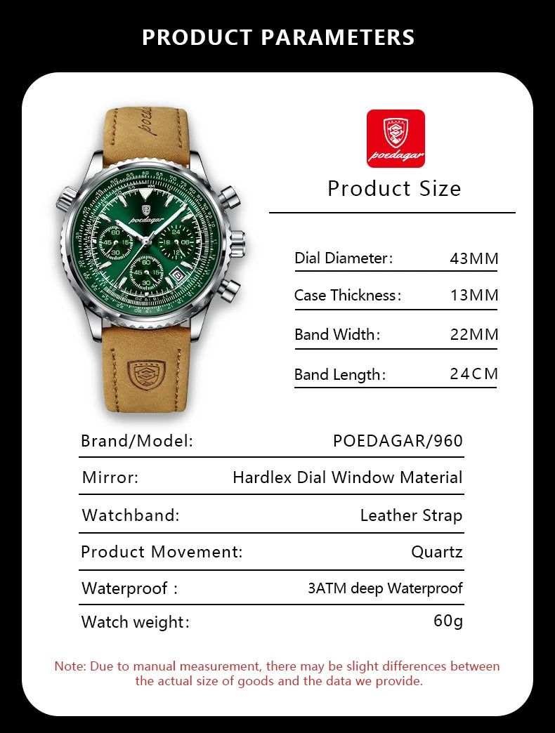 Cronógrafo Deportivo con Cuero — Reloj de Cuarzo para Hombre | POEDAGAR