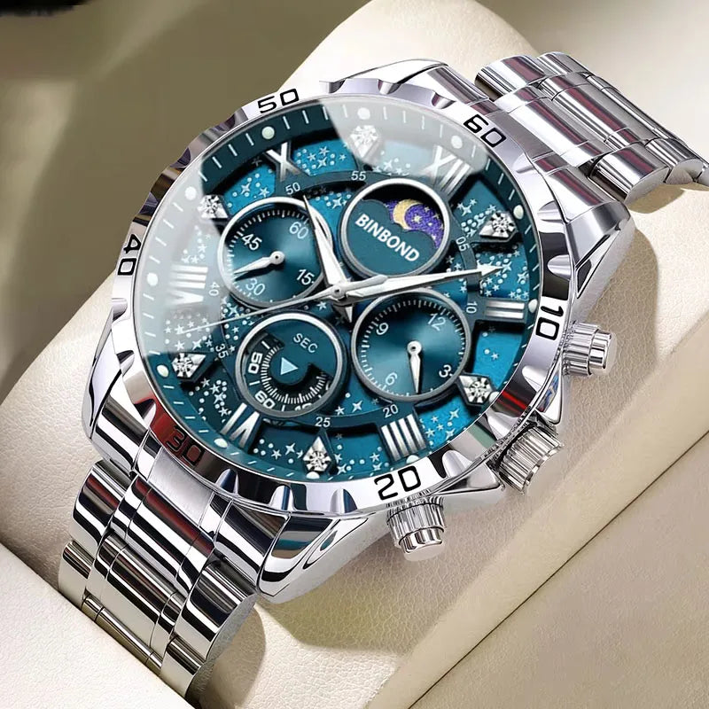 Fase Lunar y Esfera Multifunción — Reloj de Cuarzo para Hombre | BINBOND 7741